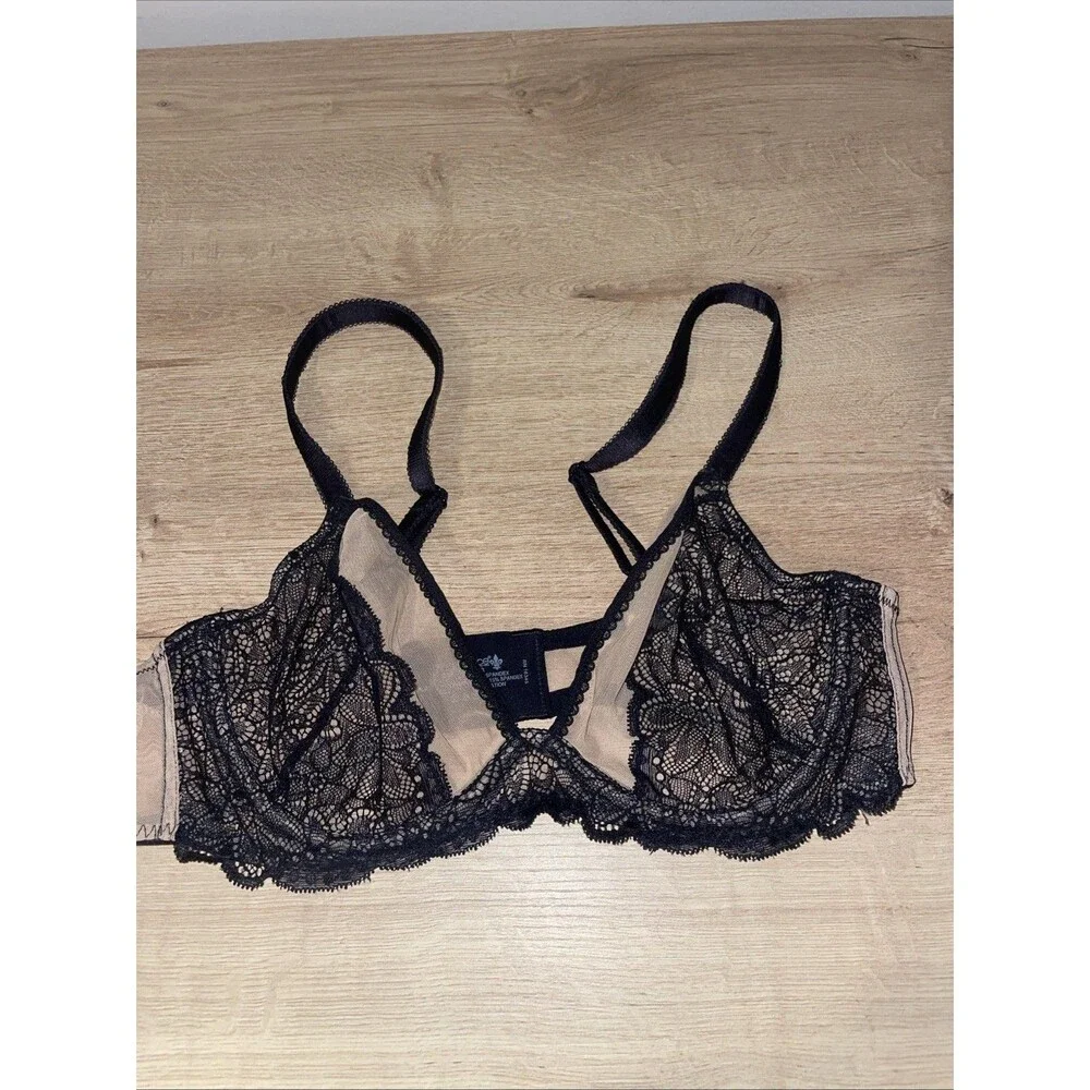 Lily of France Bra 38B Black Lace Nude Lining Underwire Sheer Floral